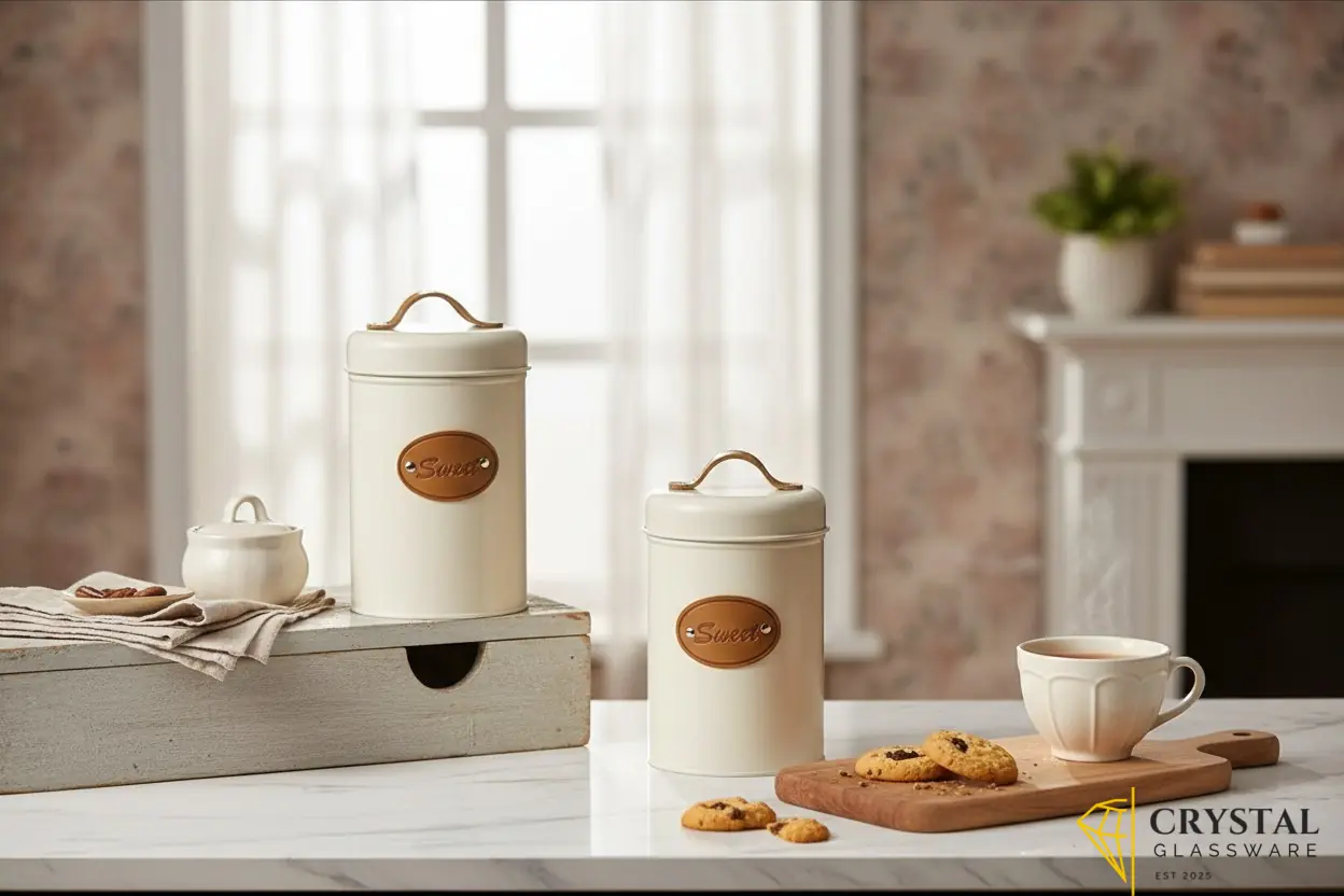 3 white galvanized iron canisters features airtight lids with PU leather handles for storing kitchen essentials like coffee, tea, or sugar